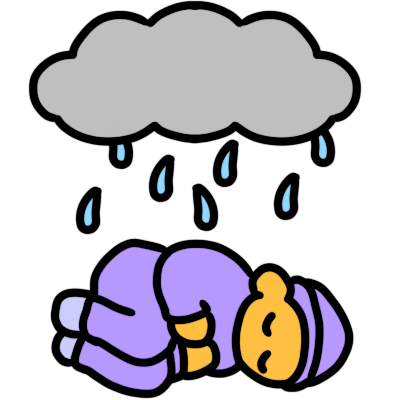 a curled up, sleeping baby wearing a light purple onsie, hat and socks. above them is a raining cloud.